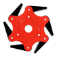 Red grass-trimmer blade disc with six black blades and metal fasteners