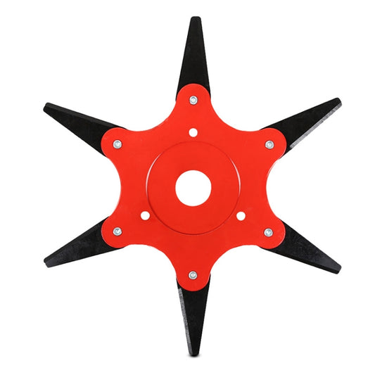Red lawn mower grass blade attachment with six outward black blades