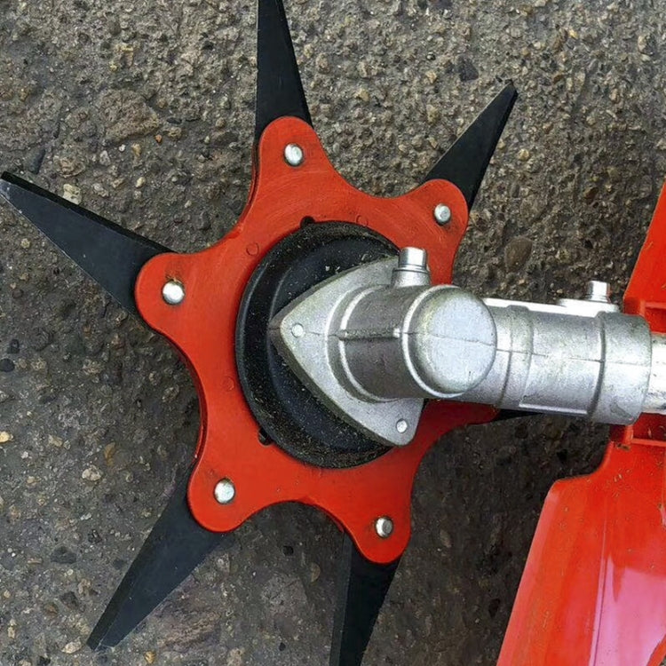 Red grass blade head with six black blades attached to a metal shaft