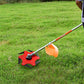 Red grass blade head with six black blades on a lawn mower handle