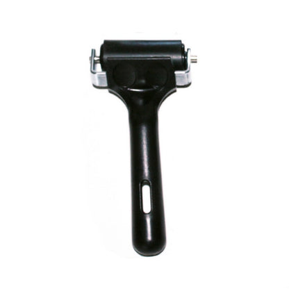 Black handheld printing roller tool with rubber ink roller and metal bracket