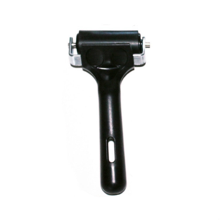 Black handheld printing roller tool with rubber roller and front metal frame