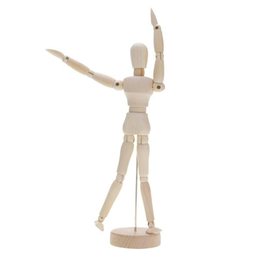 Wooden joint humanoid doll on round stand, arms raised, light natural wood