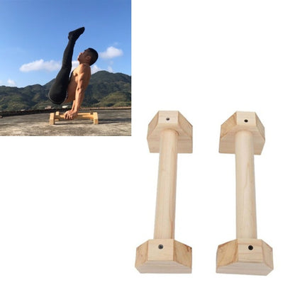 Pair of light wood push-up bars with hexagonal bases and screw holes