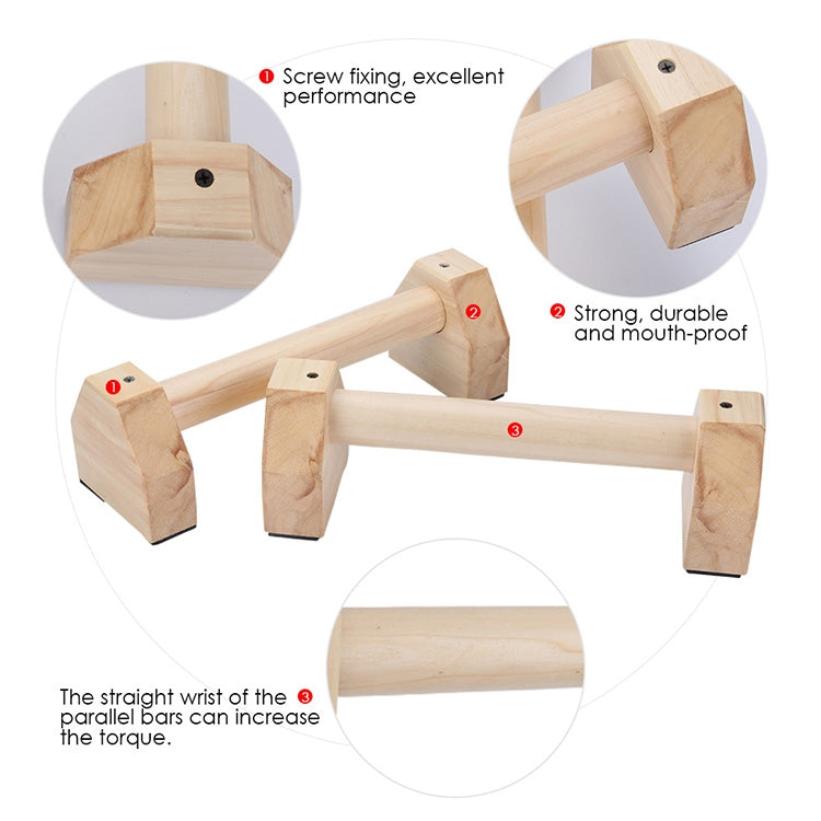 Wooden double-rod push-up stand showing hex bases and screw fastening points