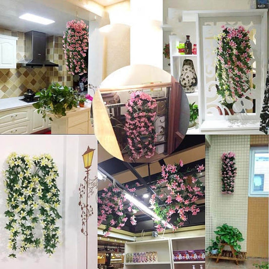 Artificial pink lily vine wall hanging on a white slatted panel