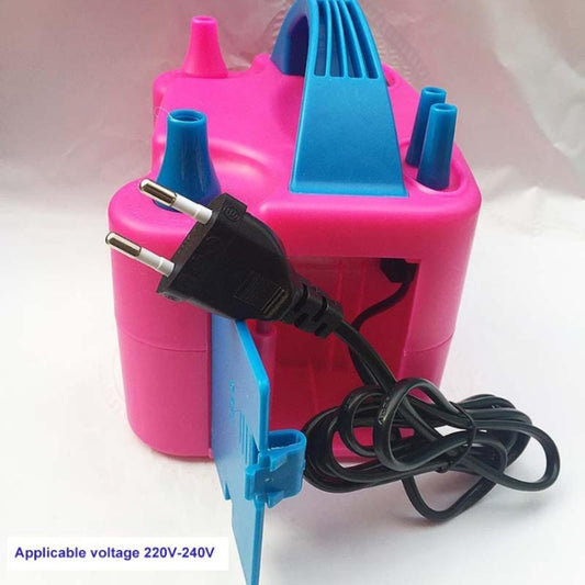 Pink electric double-hole balloon pump with power cord and two blue air nozzles