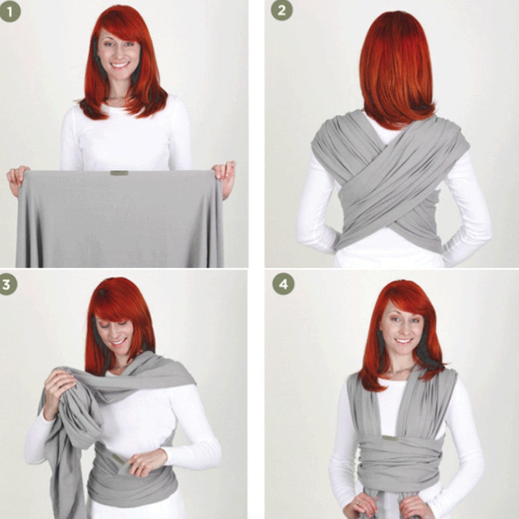 Infant multifunction sling in light grey, woman holding baby wrap on front