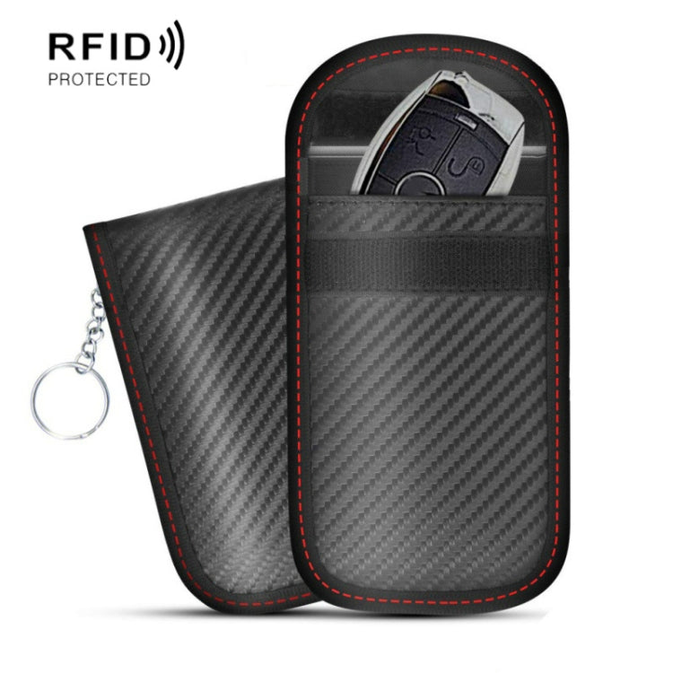 RFID key fob shielding pouch set, carbon-fiber texture with red edge stitching and keyring