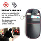 RFID key fob shielding pouch with keyring, carbon-fiber texture and red stitched border