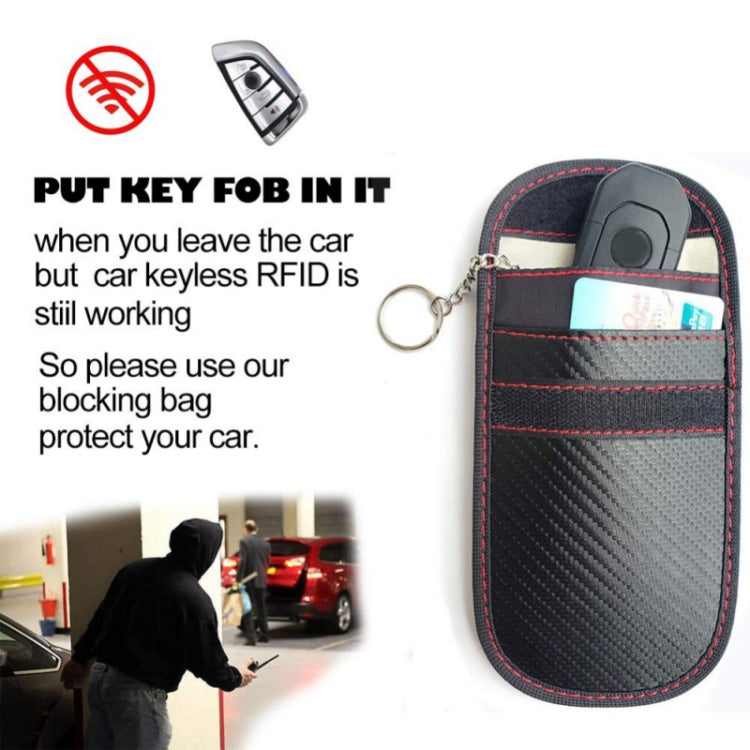 RFID key fob shielding pouch with keyring, carbon-fiber texture and red stitched border