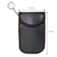 RFID key fob shielding pouch with curved flap and carbon-fiber pattern, red edge stitching