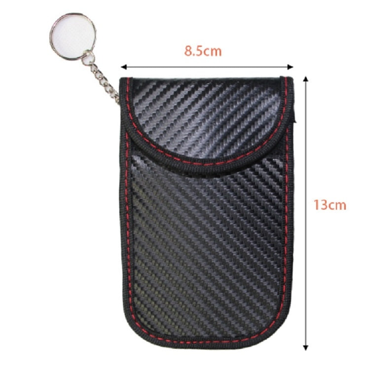 RFID key fob shielding pouch with curved flap and carbon-fiber pattern, red edge stitching