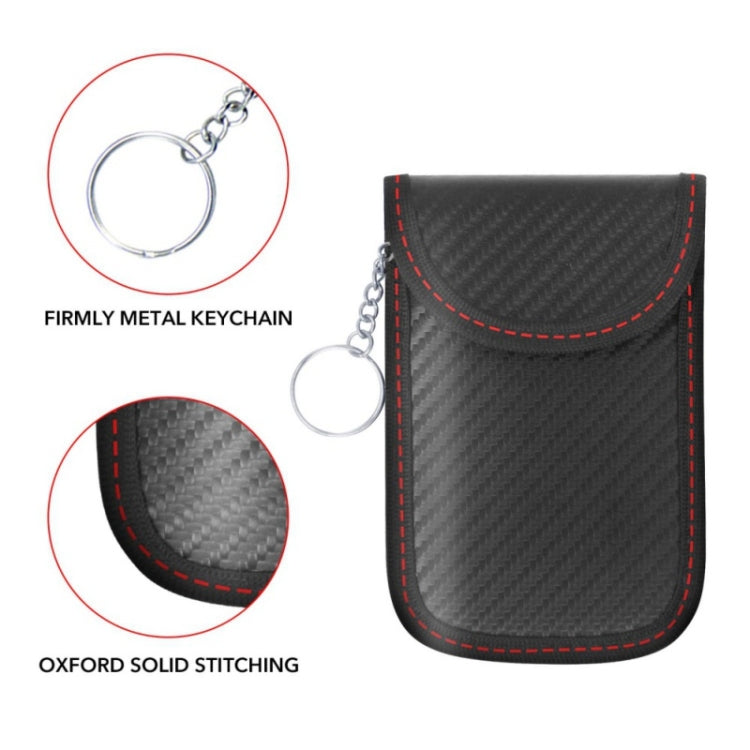 RFID key fob shielding pouch with sturdy metal keychain ring, carbon-fiber texture and red trim