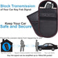 RFID key fob shielding pouch with key fob inside, carbon-fiber texture and red stitched seams