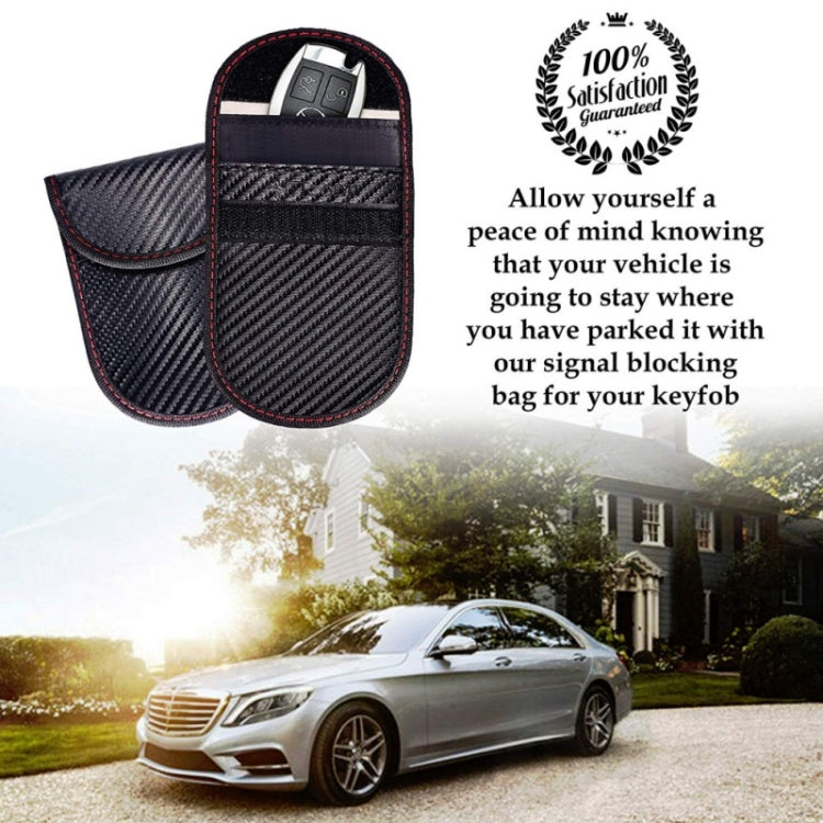RFID key fob shielding pouch set, carbon-fiber look with red stitching and key fob pocket