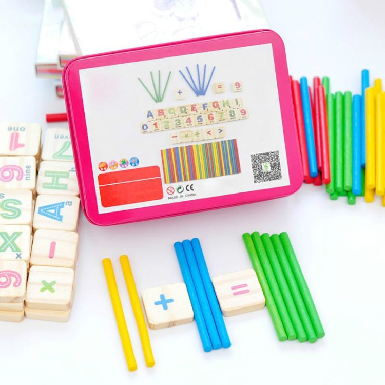 Montessori math tiles with colored rods and number cubes around a pink tablet case