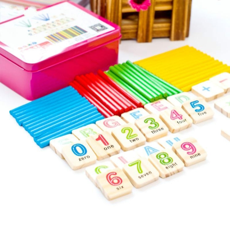 Montessori colored counting rods with number tiles and operation blocks in a set