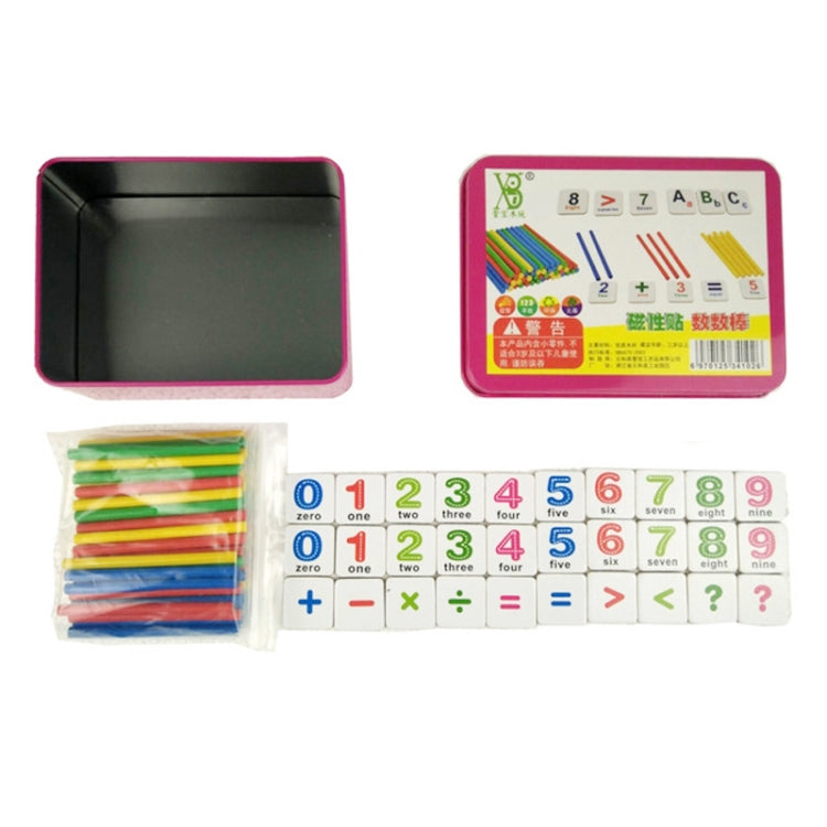 Montessori magnetic math board with colored rods, number tiles, and symbols