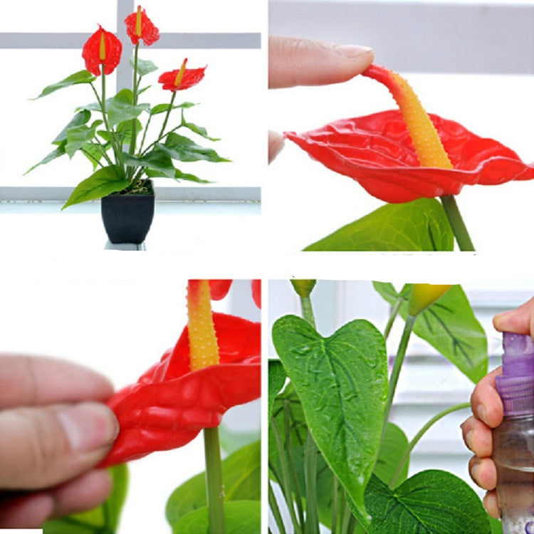 Artificial calla plant with red blooms, green leaves, black pot; hand and close-up petals