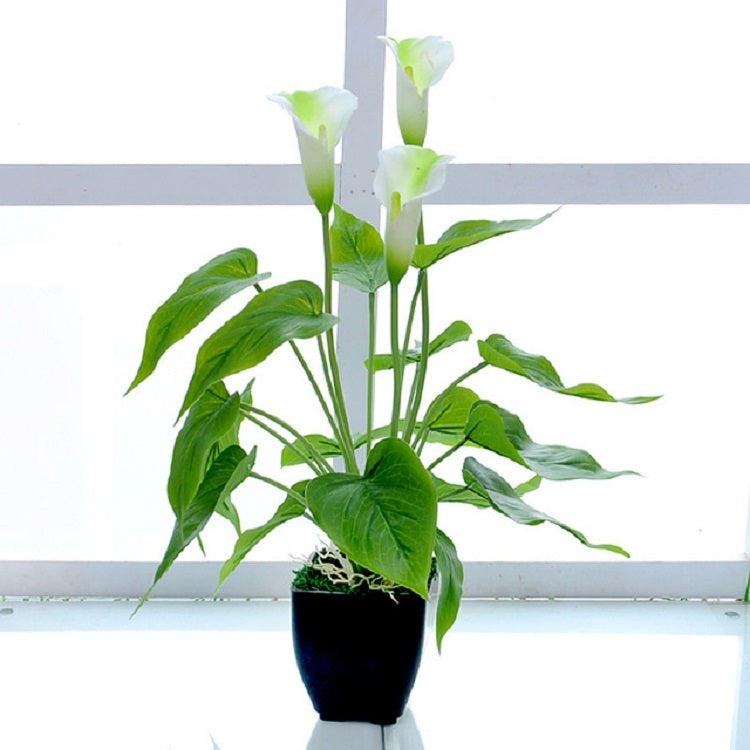 Artificial calla flower potted plant with white blooms, green leaves, black square pot