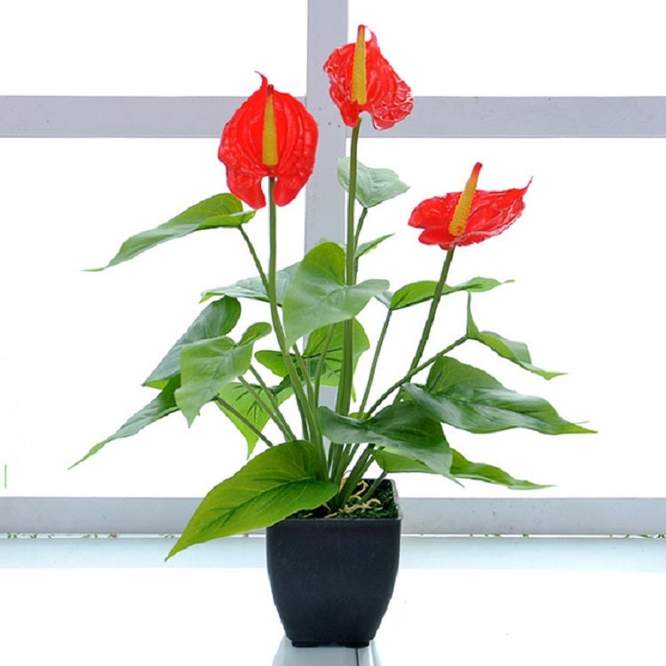 Artificial calla flower potted plant with red blooms, green leaves, black square pot