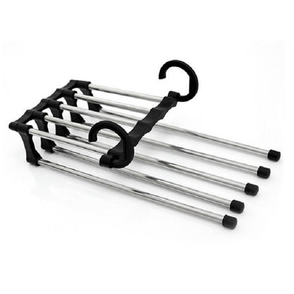 Telescopic folding trouser rack with black hangers and chrome rods, 5-bar design