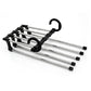 Telescopic folding trouser rack with black grip hangers and chrome rods, multiple bars