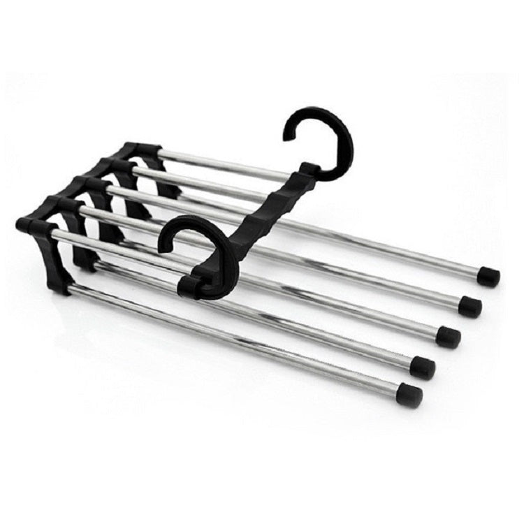 Telescopic folding trouser rack with black grip hangers and chrome rods, multiple bars