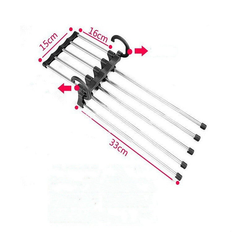 Telescopic folding trouser rack with curved top hanger and black clips, chrome bars