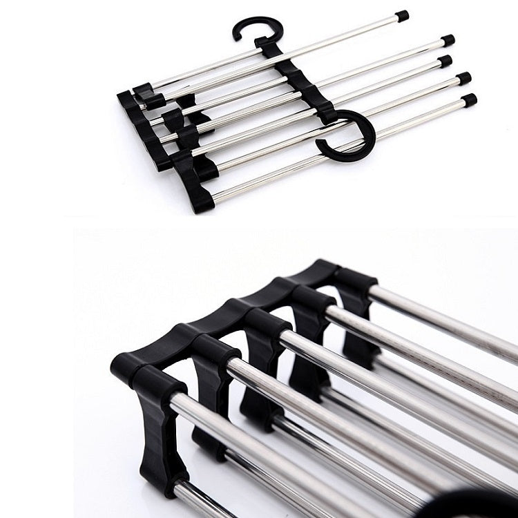 Telescopic folding trouser rack with black grips and chrome bars, hanging hook