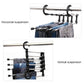 Wardrobe trouser rack holding folded jeans and trousers on chrome bars with black hangers