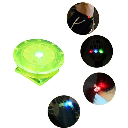 Green LED mini shoe clip light with round glowing lens, warning light for night running.