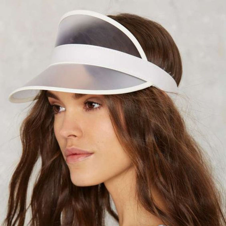 Transparent PVC sun visor cap on model with white frame and clear shield