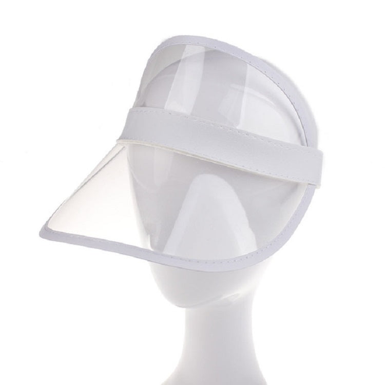 Adult transparent PVC sun visor cap with clear shield and white trim