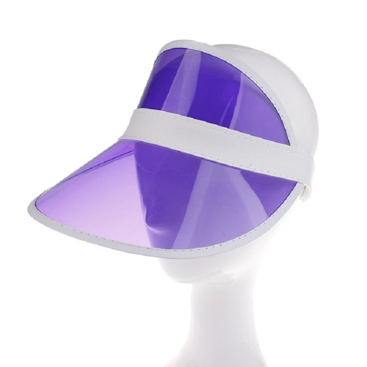 Transparent PVC sun visor hat with purple tinted shield and white trim