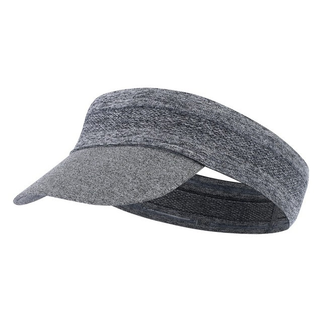 Gray heather sports sun visor cap with dark underside and curved brim