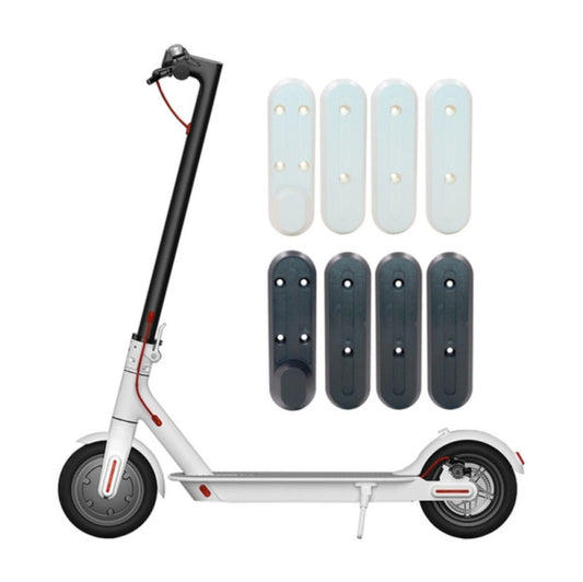4-in-1 scooter wheel protection cover set in light and dark plastic, shown on scooter