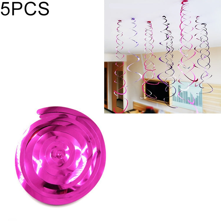 Set of five rose pink spiral hanging ornaments with shiny sequin ribbon coils