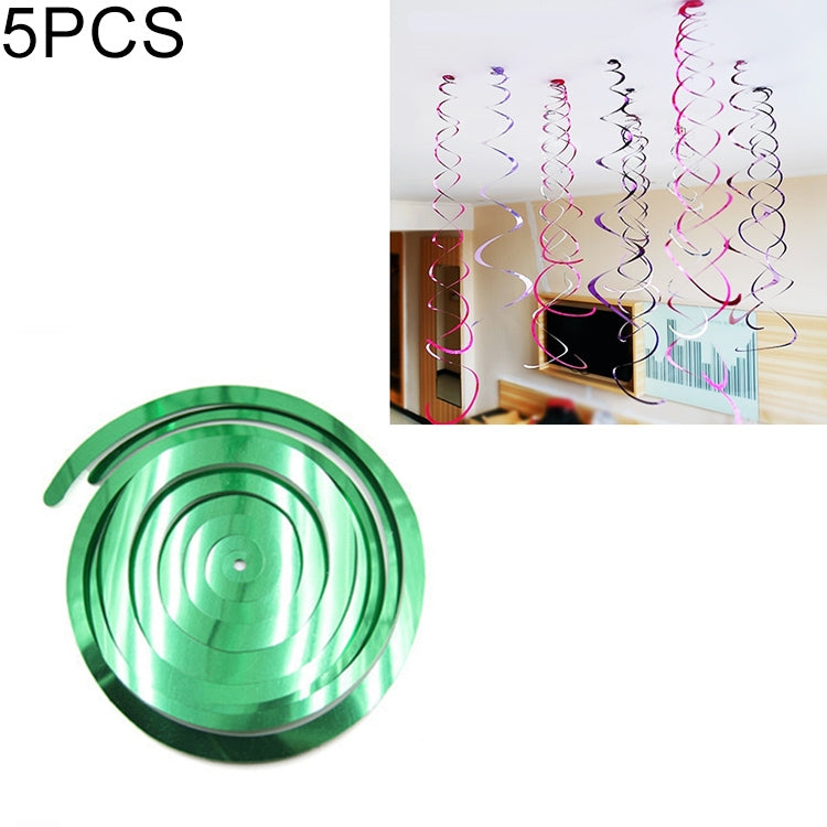 Set of five green spiral hanging ornaments with shiny sequin ribbon coils