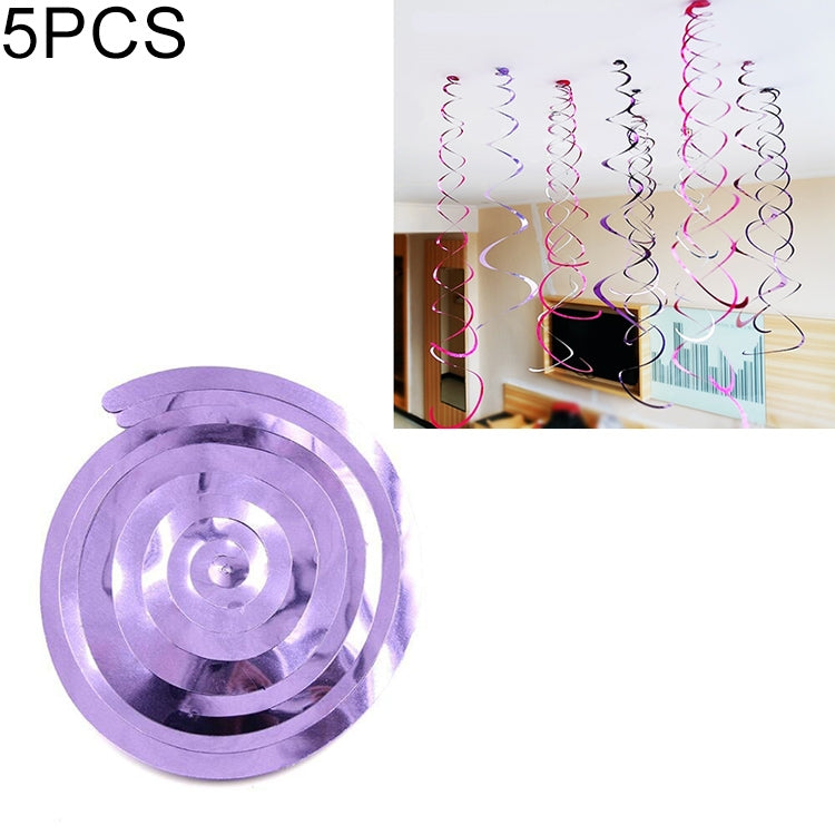 Set of five purple spiral hanging ornaments with shiny sequin ribbon coils