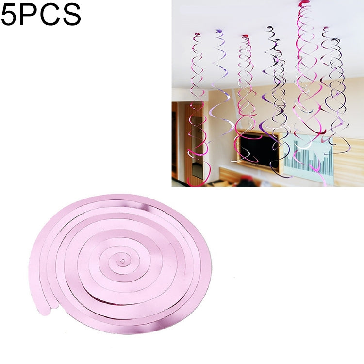 Set of five light pink spiral hanging ornaments with shiny sequin ribbon coils