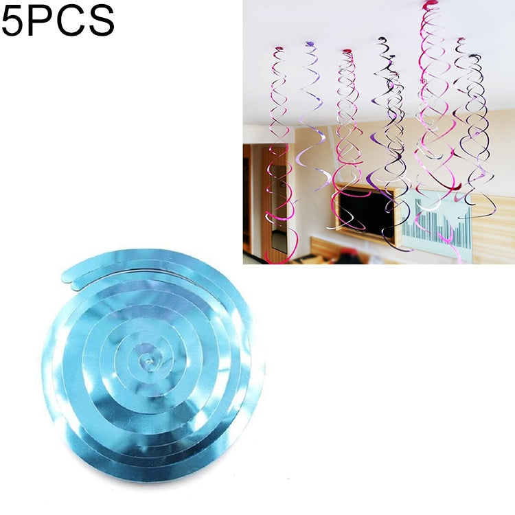 Set of five light blue spiral hanging ornaments with shiny sequin ribbon coils