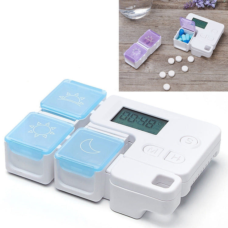 Sky blue and white electronic medication reminder storage box with lidded compartments