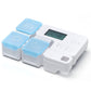 Sky blue and white electronic pill reminder box with green LCD screen and four sections