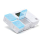 White electronic medication reminder box with sky blue flip-top lid compartments