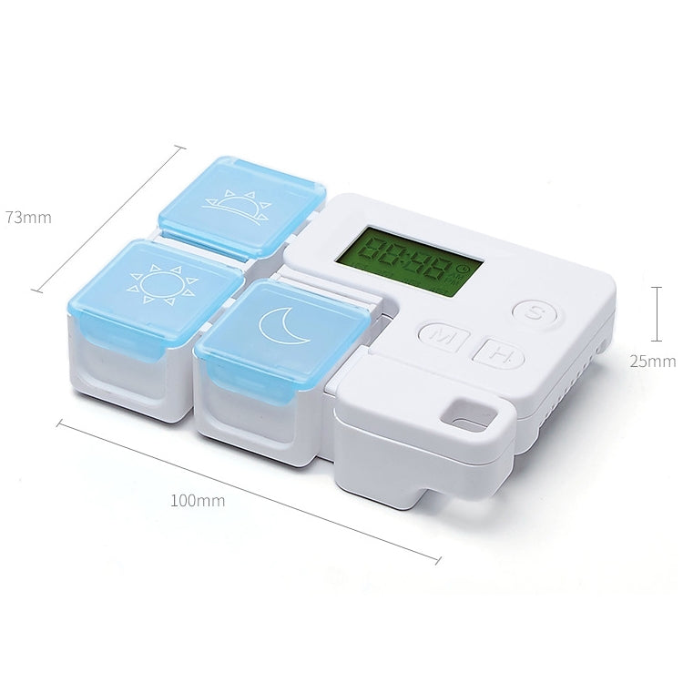 Compact electronic medication reminder box with sky blue lids and green LCD display