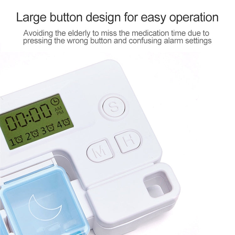 White electronic pill reminder box close-up with green LCD time display and large buttons
