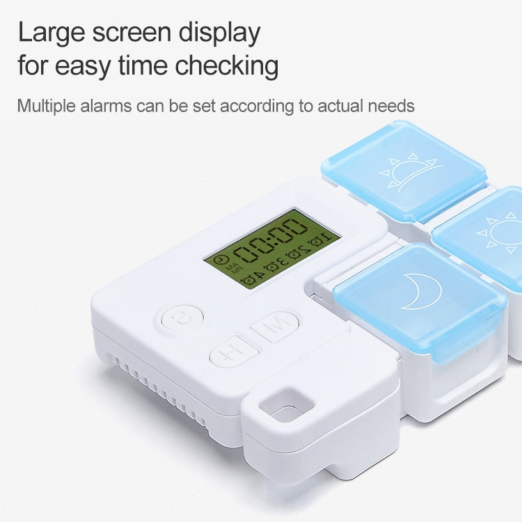 White electronic medication reminder box with sky blue lid and large green LCD screen