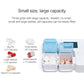 White electronic medication reminder box with sky blue lids and example pills in slots